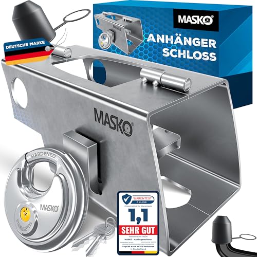 MASKO® Candado de Remolque con Sistema de bisagras para Remolques Acoplados y Desacoplados, Candado antirrobo para Caravana, Incluye Candado de Disco, Llave y Tapa Protectora, Plata