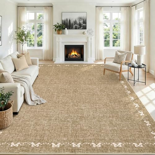 GarveeHome Bow Washable 8x10 Area Rug for Living Room Non Slip Soft Bedroom Rugs Solid Light Brown Bordered Rug Low Pile Stain Resistant Carpet for Nursery Dining Room Playroom Classroom, Light Brown