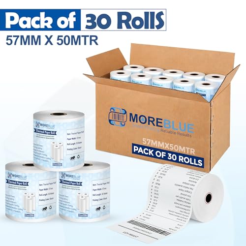 Image of MOREBLUE 2 Inch Thermal Paper Rolls (57mm x 50 Meter) Pack of 30 | Ink-Free, BPA-Free Receipt Paper for POS Machine, Billing Machine, Credit Card Machine & Petrol Pump Use
