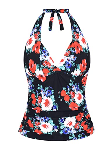 Haut de tankini dos nu à col plongeant et imprimé floral noir et rouge