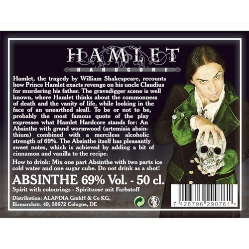 Schwarzer Absinth von ALANDIA | Hamlet Hardcore Black | Mit Wermut/Thujon | 69% | Totenkopf Flasche | (1x 0,5 l)