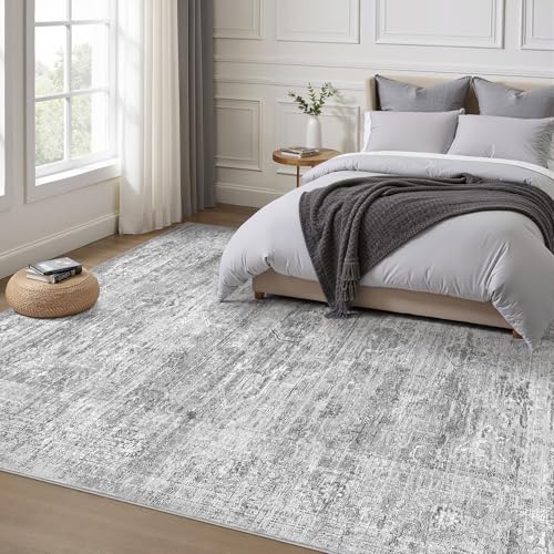 Grey Rug 9x12 Area Rug: Washable Boho Large Vintage Neutral Soft Rugs Stain Resistant Farmhouse Non-Slip Indoor Floor Carpet for Living Room Bedroom Playroom Office Dining Room Apartment Dorm