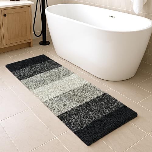 Image of Pano Textured Striped Runner Rug 45x130 cm Grey | Anti-Skid, Super Soft & Ultra Absorbent Floor Runner | Quick Dry & Washable Runner for Bathroom, Kitchen, Bedroom & Living Room
