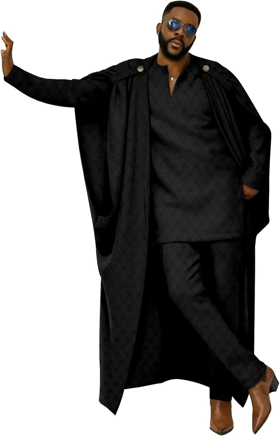 African Clothes for Men Cape V-Neck Full Sleeve Shirts Pants 3 Piece Set Agbada Robe Wedding Evening Outfits