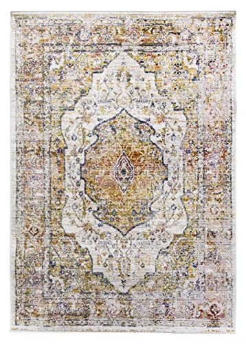 SrS Rugs Vintage Rugs for Living Room, Bedroom, Dining Room, Kitchen Room - Boho Distressed Traditional Faded Ikat Style Multicoloured Design Smooth Soft Low Pile (Cream, 160 x 230 cm)