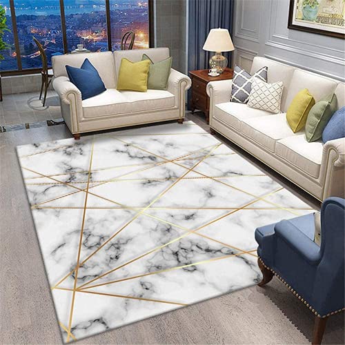 KIKCY Alfombra de entrada grande para interior de salón gris mármol blanco con patrón geométrico suave antideslizante alfombra de juego blanca de piel artificial (120 x 160 cm)