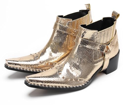 Santimon Chelsea Boots White Dress for Men Prom Casual Genuine Leather Pull Up Belt Buckle Metal Tip Ankle Boots Mens Fashion Tuxedo Wedding Ballroom Party Disco Western Cowboy Boots for Men