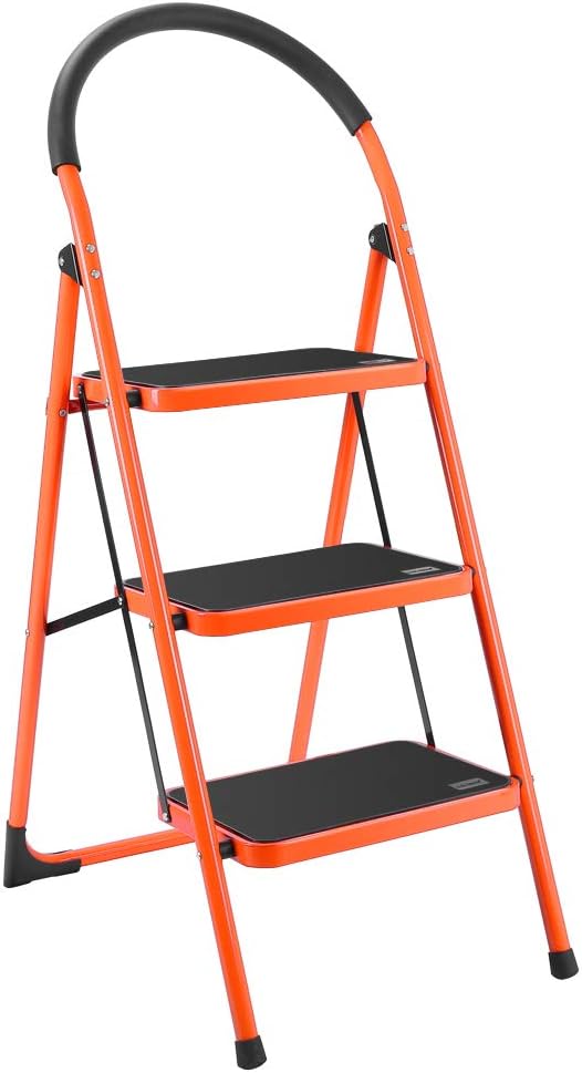 LUISLADDERS Folding 3 Step Ladder Portable Space Saving Lightweight Ladders with Sturdy Steel and Anti-Slip Wide Pedal, Multi-Use for Household, Market, Office (330 Lb)