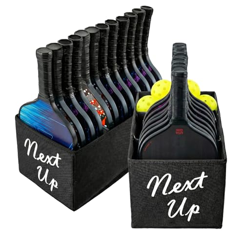 MyGift Portable Foldable Pickleball Paddle Queue Baskets – Holds Up to 24 Paddles, Black Fabric Organizer with Ball Compartment & Next Up Marker for Indoor and Outdoor Courts, Set of 2
