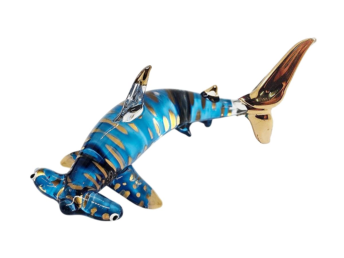 Mr_air_thai_glass_blown Blue Gold 3⅜" Gold Dot Blue Hammerhead Shark Fish Blown Glass Figurine Hand-Blown Statue Tabletop Decoration Unique Collectible For Adult Collectors Handcrafted Elegant Home Room Decor
