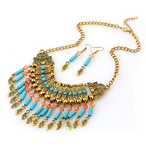 Yazilind Bohemian Style Tassel Pendant Chunky Necklace Earrings Exaggerated Jewelry Set Women Birthday Party Gift #TOP3