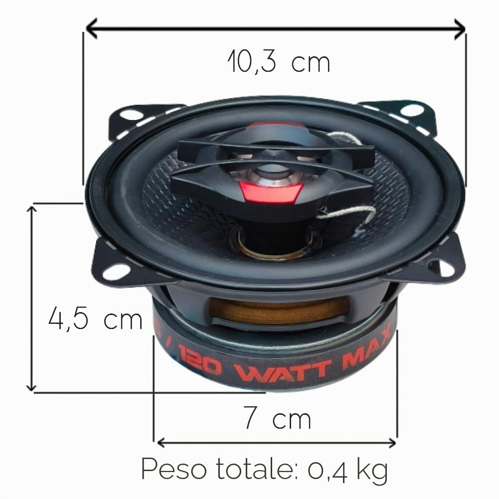 SP Audio 2 SP-4C altoparlanti diffusori coassiali a 2 vie, 4" 10 cm 100 mm, 60 watt rms 120 watt max, impedenza 4 ohm, sensibilità 84 db, portiere, sportelli, auto, a coppia