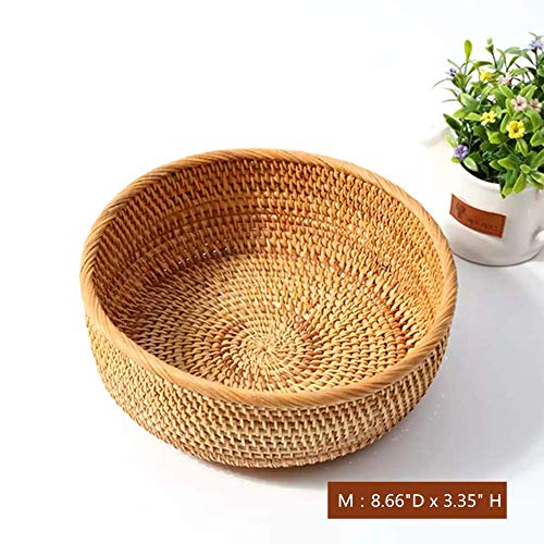 Amololo Hadewoven Round Rattan Fruit Basket Wicker Food Tray Weaving Storage Holder Dinning Room Bowl, 9 Inch Woven Bread Basket Key Bowls With 3.5”Wall For Table, Countertop (Medium 8.66") #TOP1