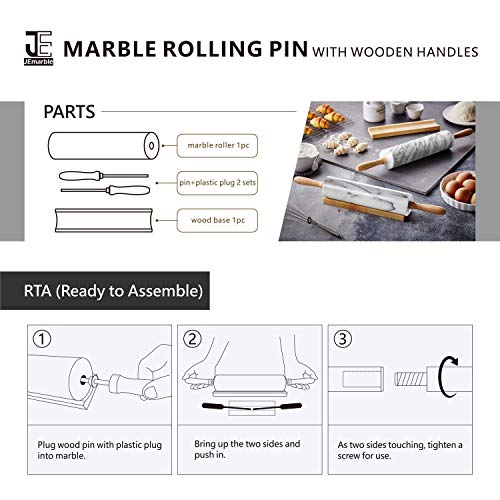 Jemarble Rolling Pin-Plastic Handles(White)(Premium Quality) Polished Surface 18-Inch(10"Barrel) Genuine Stone Non-Stick Save Effort Easy To Clean #TOP6