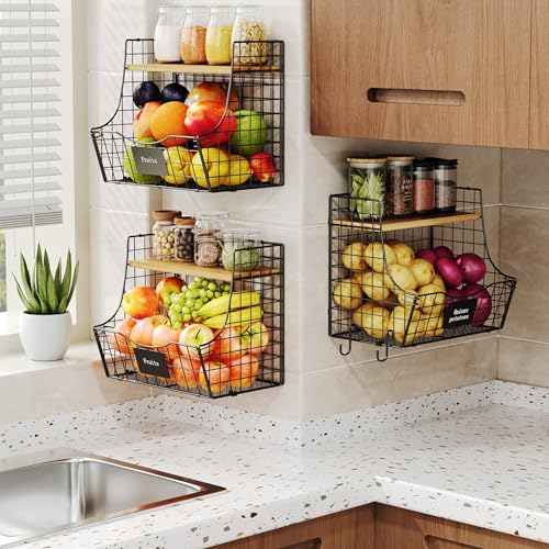 3 Pack Fruit Basket for Kitchen with Wood Lid - Counter&Wall Mounted Onion and Potato Storage with Nameplate, Stackable Storage Basket, Hanging Metal Wire Baskets Kitchen Countertop Organizer Pantry 3 Pack Fruit Basket for Kitchen with Wood Lid - Counter&Wall Mounted Onion and Potato Storage with Nameplate, Stackable Storage Basket, Hanging Metal Wire Baskets Kitchen Countertop Organizer Pantry