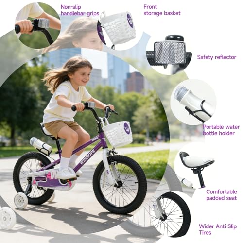 Image of WinHope 12-18 Inch Kids Bike with Light up Training Wheels for Boys Girls | Dual Brake Bicycle with Basket Adjustable Seat Water Bottle for Summer Riding Birthday Gift for Toddler 2-9 Years