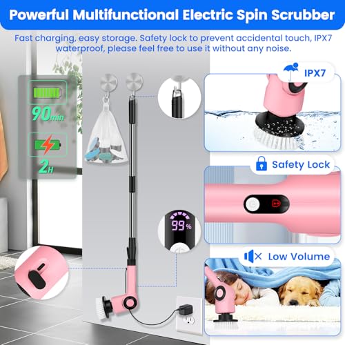 Image of Electric Spin Scrubber, Upgraded Cordless Shower Scrubber Cleaning Brush, IPX7 Bathroom Scrubber with Extension Handle, Electric Cleaning Brush for Floor Tile, Tub, Kitchen, Window- Pink