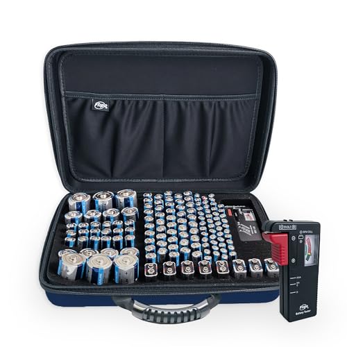 Flipo Battery Storage Case with Tester - Large Blue Portable Battery Organizer Case With Foam Insert And Carrying Handle - Store And Protect 148+ AA AAA C D 9V Batteries