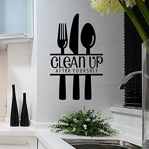 Boodecal Clean Up After Yourself Wall Quote Kitchen Tableware Wall Stickers Fork Knife Spoon Art Mural Poster Decal Sticker Dinner Room Decoration 24 Inches X 13 Inches #TOP4
