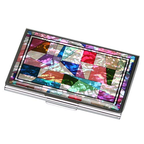 RFID Blocking Mother of Pearl Business Card Holder – Slim Stainless Steel Name Card Wallet for Men and Women with Gift Box (Pathwork Multicolor)