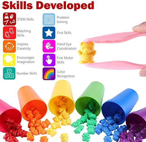 Ucradle Rainbow Counting Bears, 71pcs Colorful Sorting Toys Set with Matching Cups Dices, Bear Counters and Tweezers for Math Skills Toddler Educational Games