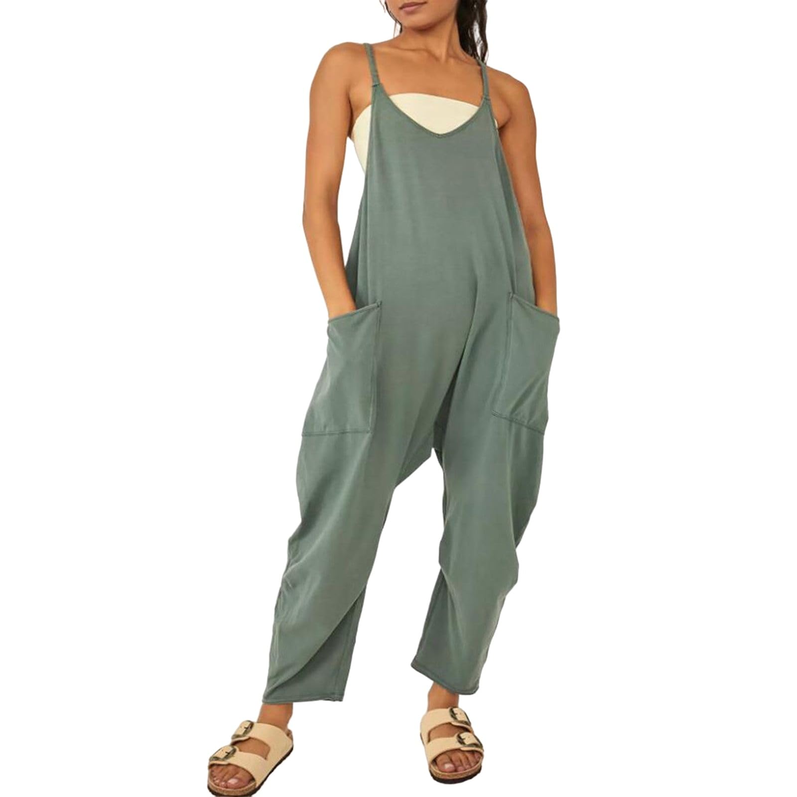 Women's Jumpsuit Sleeveless Spaghetti Strap Casual Summer Overalls Loose Wide Leg Beach Romper with Pockets
