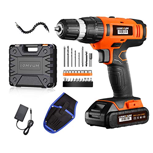 Cordless Drill Driver Lomvum 20V Power Drill With Lithium-Ion Batterry, 1 Faster Charger, 2-Speed 3/8" Keyless Chuck, Magnetic Flexible Shaft,Led, Waist Bag, Compact Case, Extra 46Pcs Accessories #TOP8