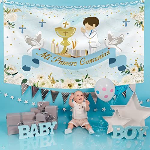 First Communion Decorations First Communion Backdrop Baptism God Bless Banner Blue Floral Mi Primeria Communion Photo Backdrop for Boys Christening Baby Shower Confirmation Decorations by Gupesxu - Used condition - Image 3