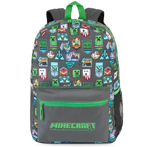 Get Trend Minecraft Mochila Niños, Mochila Escolar Ajustable y Acolchada, para Colegio, Viaje y Ocio, Regalo Gamer para Niños (Verde/Gris Minecraft)