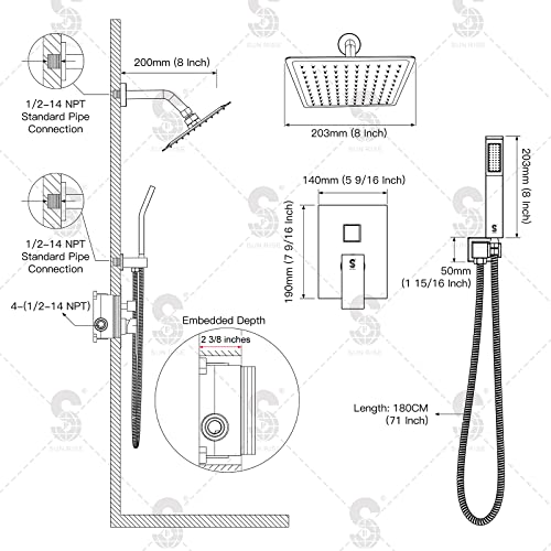 Image of SR SUN RISE Shower Faucet Set 8-Inch Rainfall Shower Head Brushed Gold