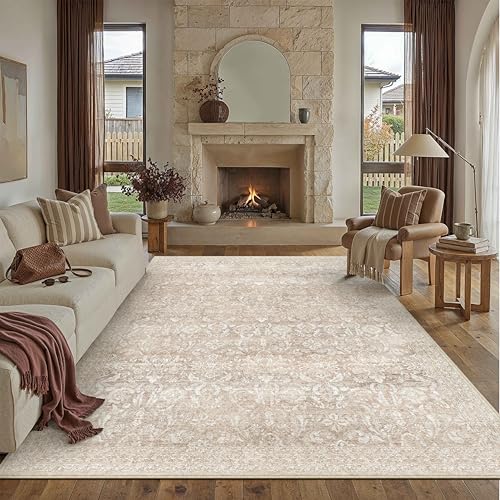 PureCozy Beige Area Rug 8x10 Washable Neutral Living Room Vintage Non Slip Large Carpet Low Pile Soft Thin Indoor Bedroom Retro Floral Accent Throw Rug for Office Dining Room Office Playroom