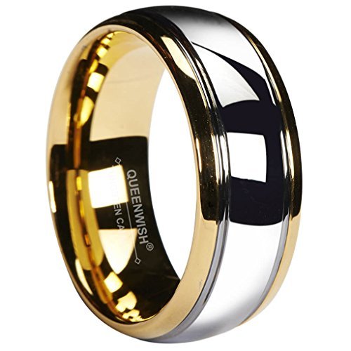 QUEENWISH 8mm Tungsten Carbide Wedding Band Gold Silver Dome Gunmetal Bridal Ring Men Jewelry Size 9 - Thumbnail 3