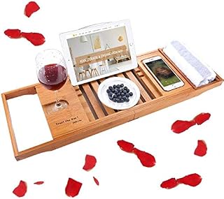 SUNFICON Bamboo Bath Tray Rack Bathtub Caddy Bathroom Reading Shelf Tidy Tray Storage Caddy Organiser with Book Mug Wine Glass Tablet Phone Holder Extendable Adjustable Detachable Non Slip Wooden