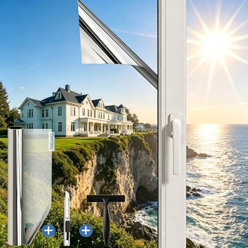 #VerdientProvisionen<br>Spiegelfolie Fenster Sichtschutz 44 5x200cm Sonnenschutzfolie Fenster Innen Außen Fensterfolie Sonnenschutz Einseitige UV Folie Fenster Hitzeschutz ideal für Wohnzimmer und Büro Silber