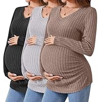 Ficerd Umstandsshirts 3-teilig Langarm Schwangerschaftskleidung V-Ausschnitt Gerippte Passform Mama-Pullover Thermo-Oberteile(Braun, Hellgrau, Schwarz,XL)
