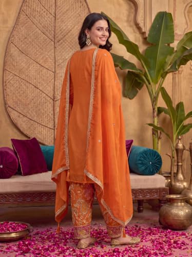 Image of INDO ERA Women's Silk Blend Embroidered Straight Kurta & Pant With Dupatta Set (IEOUT10592)