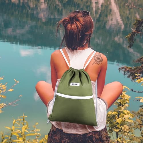 Image of WANDF Drawstring Backpack, Gym Sackpack for Sports (Dark Green) | Water-Resistant, Shopping, Yoga, Travel, Beach, Daily Carry