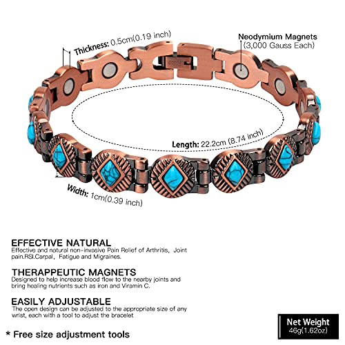 The North Ring Turquoise Pure Copper Bracelet Healing Magnetic Therapy Relieve Arthritis Pain Carpal Tunnel Adjustable Bracelet (Blue Turquoise) #TOP1