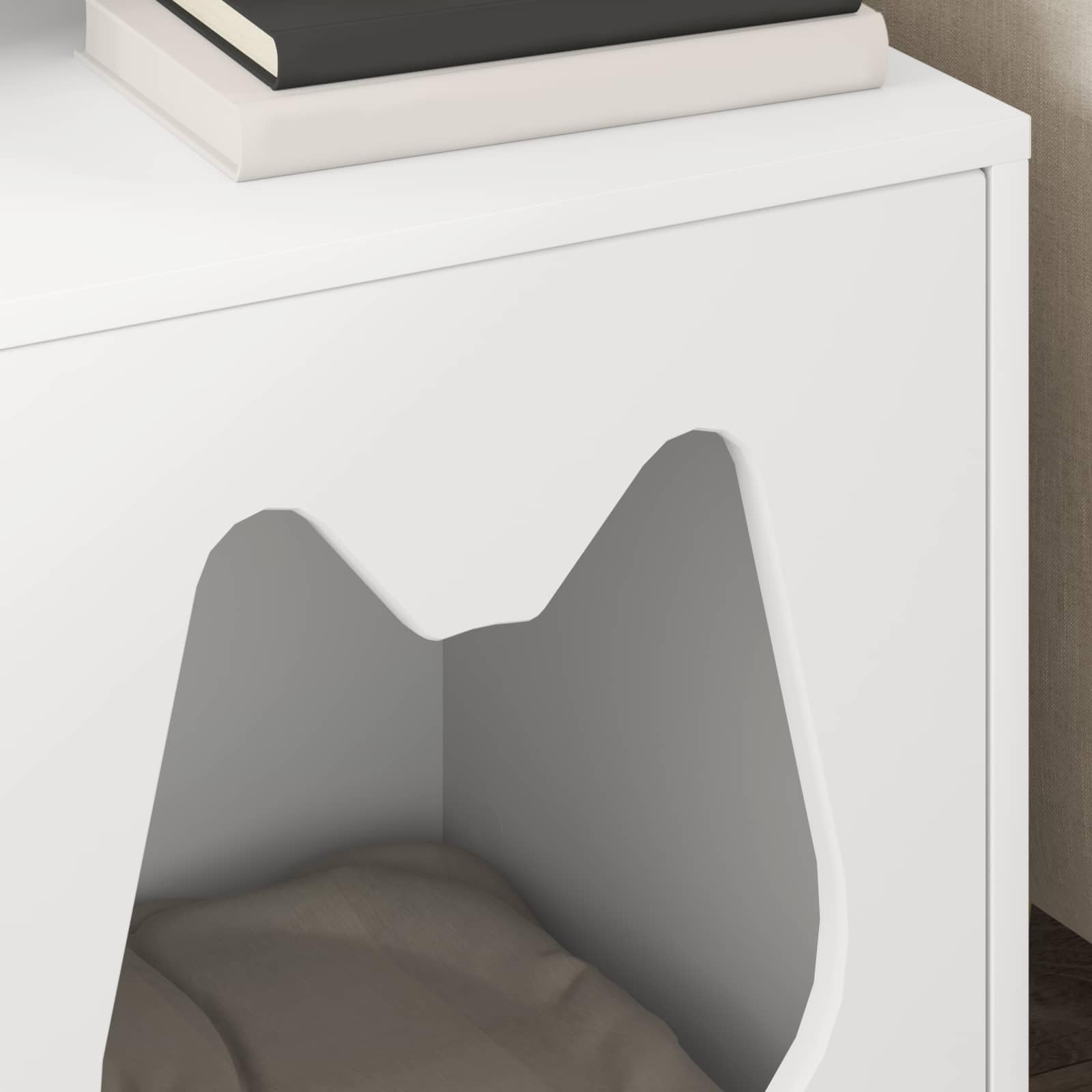 Moderna casa para gatos de madera, color blanco, 42,5 x 40 x 53,5 cm, con accesorios de montaje, elegante escondite de refugio y acogedor lugar de descanso para mascotas