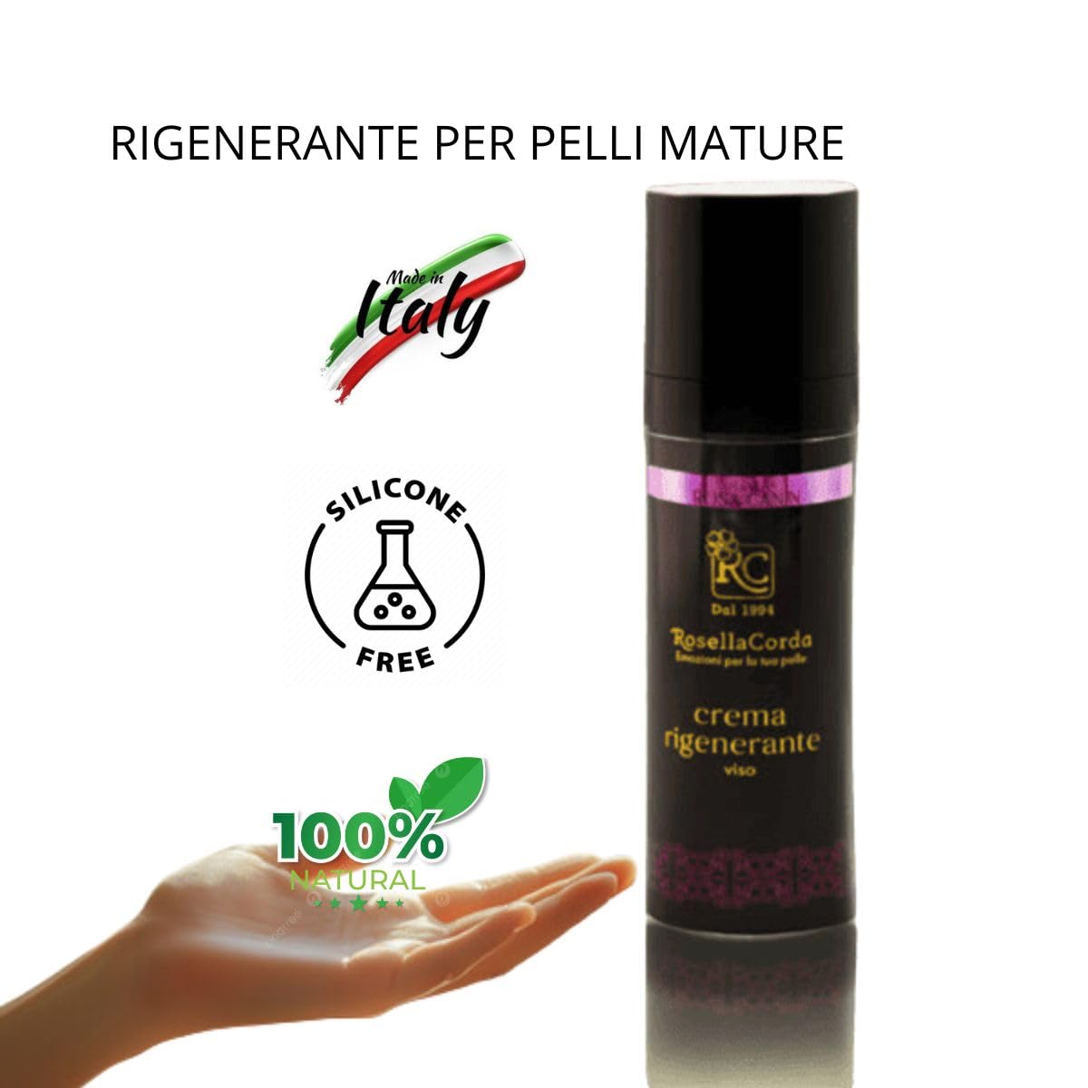 Crema Viso Rigenerante RC Antirughe Pelli Mature con Rosa Canina, Retinolo, Vitamina C, Acido Ialuronico e Coenzima Q10-30 ml | Anti Età e Idratante
