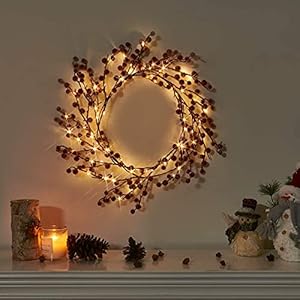 EAMBRITE Christmas Decorations 1.8m 88 LEDs Red Frosted Holly Berry Garland with Warm White Light Waterproof Vine with…