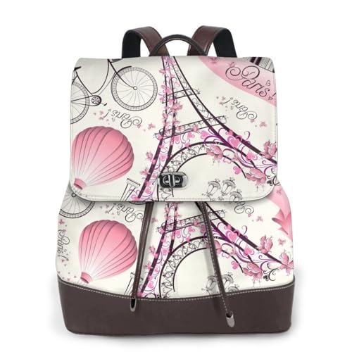 Sac à dos en cuir véritable femme imprimé Tour de Eiffel et vélo