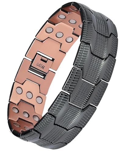 Feraco Copper Bracelet for Men, 3X Strength Magnetic Therapy Cooper Bracelet with Powerful 3800 Gauss Magnets,Copper Jewelry with Tyre-Carved Pattern,Black