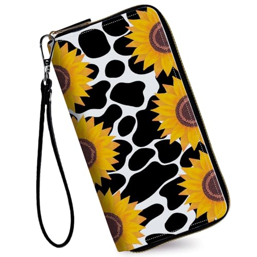 Image of Women's Wallets,Credit Card Holder Money Leather Long Wallet with Wristlet,Large Capacity with Zip-Around Phone Purse for Women Ladies Girls,Cow Print Sunflowers