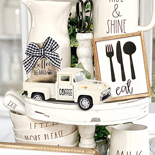 Coffee Bar Metal Truck with Coffee Beans Burlap Sack Vintage Pickup Mini Diecast Truck for Farmhouse Coffee Station Home Coffee Bar Tabletop Decorations