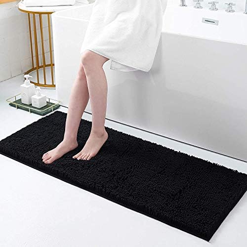 Smiry Chenille Bath Mat, 40 x 120 cm, Non-Slip Super Absorbent Bathroom Mat Extra Soft Fluffy Bath Mats for Bathroom Thick Machine Washable Floor Mats Rugs Runner, Black
