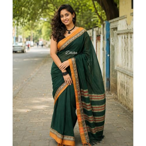 Image of Narayanpet Pure Cotton Avani Border Saree for Women with Running Blouse | Tassels | Traditional Woven Solid Design | Handloom Weave