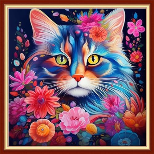 Image of Foxhool Beginners Cross Stitch Kits Stamped Full Range of Embroidery Kits for Adults DIY Cross Stitches kit Embroidery Patterns for Needlepoint kit-Colorful Cat 18x18 inch