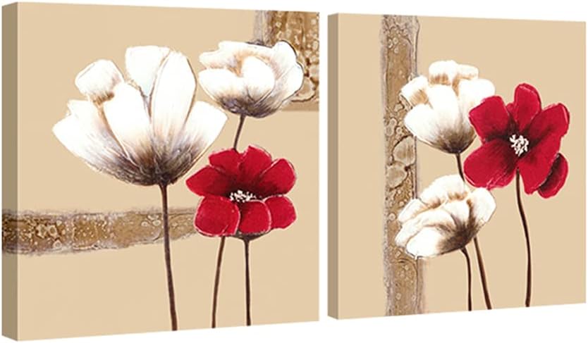 Wieco Art - Red and White Flowers Modern Framed Giclee Canvas Prints Artwork 2 Panels Abstract Floral Oil Paintings Style Pictures Photo Printed on Canvas Wall Art for Bedroom Home Decorations