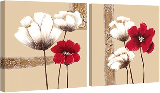 Wieco Art - Red and White Flowers Modern Framed Giclee Canvas Prints Artwork 2 Panels Abstract Floral Oil Paintings Style Pictures Photo Printed on Canvas Wall Art for Bedroom Home Decorations